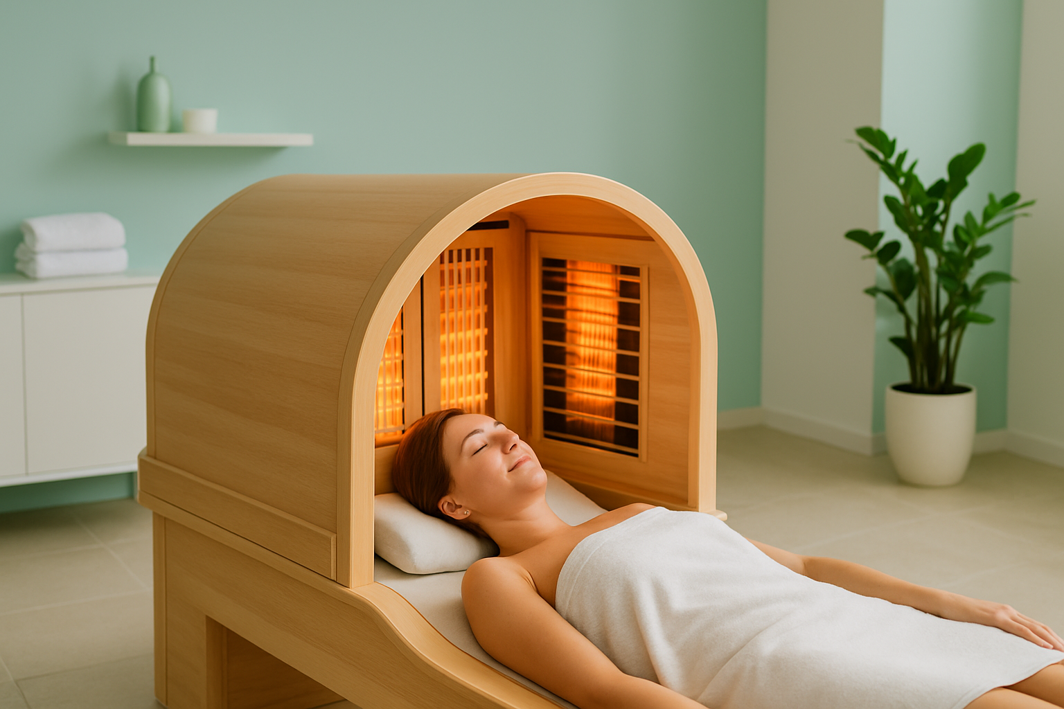 Person liegt entspannt in einer Infrarotsauna mit Liegefunktion