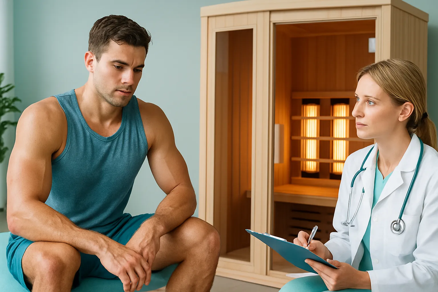 Sportler entspannt in Infrarotsauna nach intensivem Training zur Regeneration