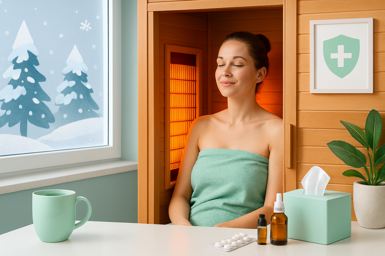 Gemütliche Infrarotsauna im Winter mit warmem Licht und verschneiter Aussicht